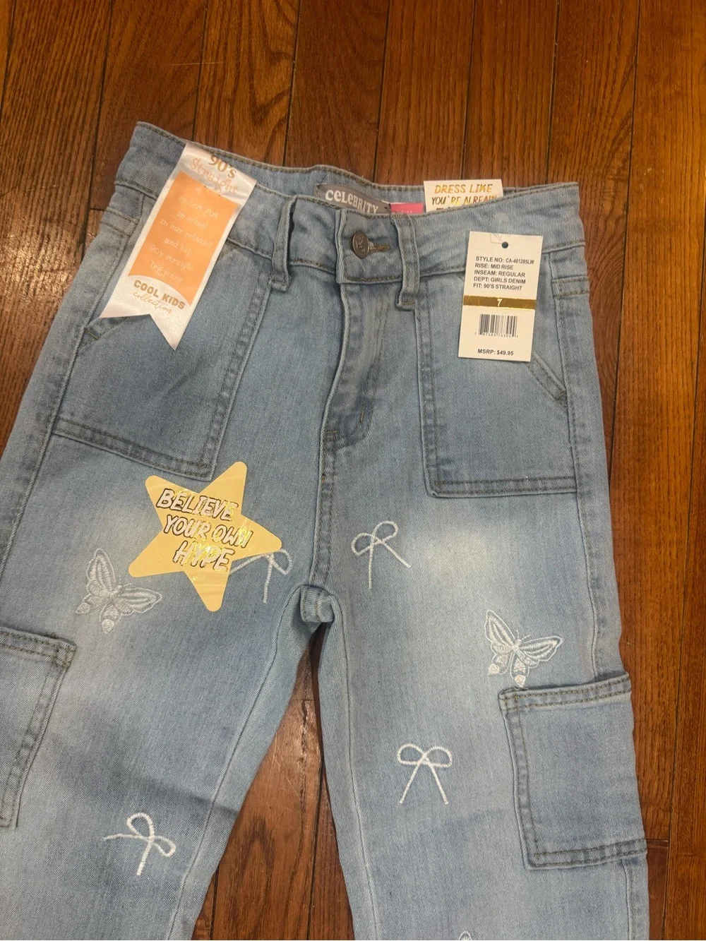 Girls Light Blue Embroidered Wide-Leg Jeans